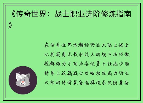 《传奇世界：战士职业进阶修炼指南》